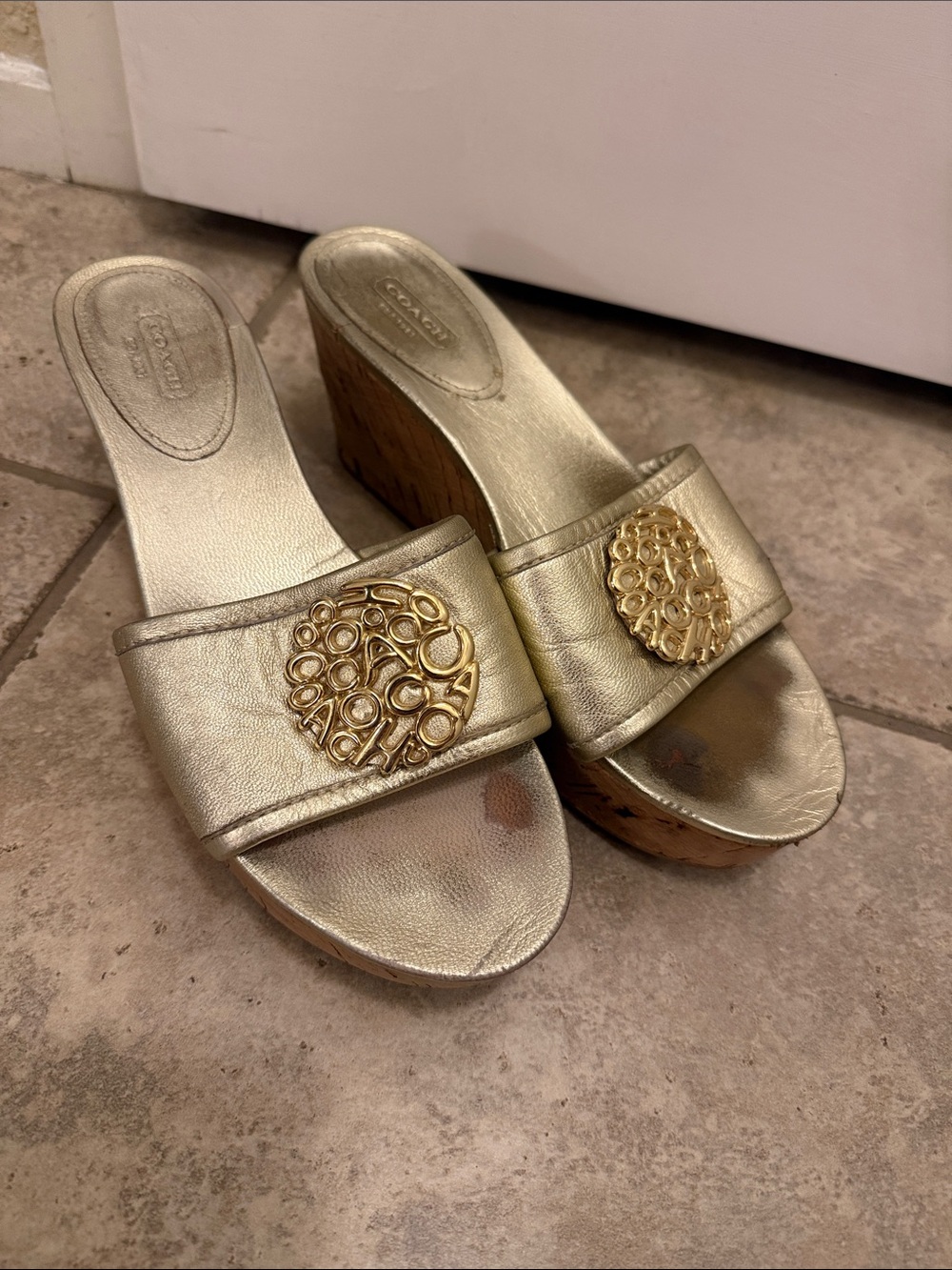 Vintage Coach Judith Gold Metallic Leather Cork Wedge Platform Mules